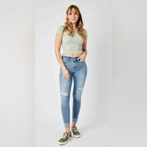 Judy Blue Mid Rise Medium Wash Cuffed Raw Hem Skinny Jeans Various NEW